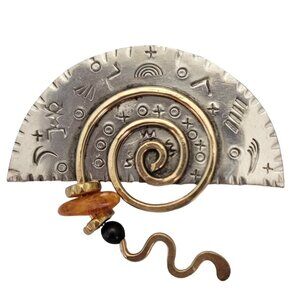 Miller Silver Tone Modernist Celestial Theme Style Amber Charm Brooch Pin E518